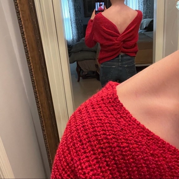 Back Twist Bright Merry Red V Neck Sweater - Picture 13 of 13
